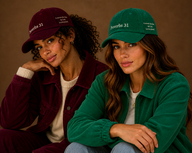 Two women wearing Proverbs 31 corduroy hats in burgundy and forest green with matching corduroy jackets — Thee Resurrection women's Christian streetwear campaign