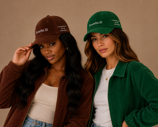 Two women wearing Proverbs 31 corduroy hats in chestnut brown and forest green with matching corduroy jackets — Thee Resurrection women's Christian streetwear campaign