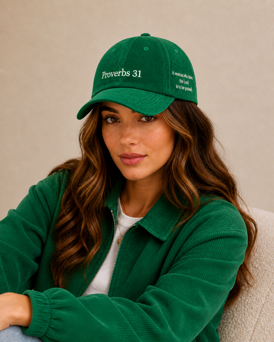 Woman wearing a green Proverbs 31 corduroy Hat with Verse 30 that say A woman who fears the lord is to be praised 