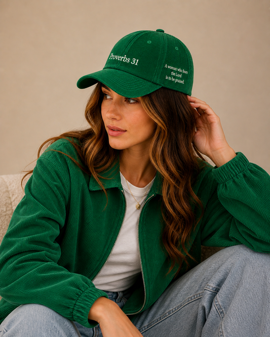 Woman wearing forest green Proverbs 31 corduroy hat with matching corduroy jacket — Thee Resurrection women's Christian streetwear lookbook