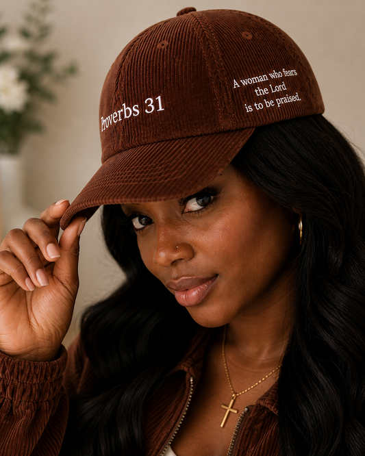 Woman wearing chestnut brown Proverbs 31 corduroy hat with gold cross necklace — Thee Resurrection women's Christian streetwear lookbook