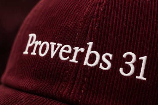 Close-up of white embroidered Proverbs 31 lettering on burgundy corduroy hat — premium stitching detail by Thee Resurrection