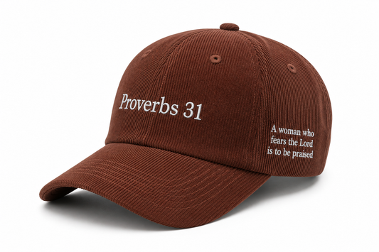 Side view of chestnut brown Proverbs 31 corduroy hat with embroidered scripture "A woman who fears the Lord is to be praised" — Thee Resurrection women's faith apparel