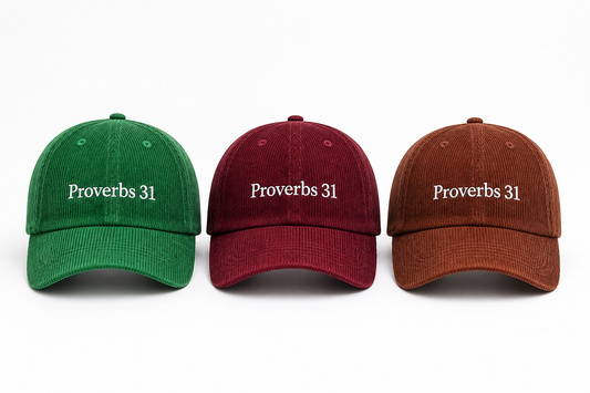 Proverbs 31 corduroy hat collection in forest green, burgundy, and chestnut brown — Thee Resurrection women's Christian streetwear