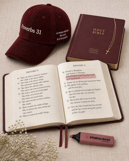 Burgundy Proverbs 31 corduroy hat styled with leather Bible, cross necklace, and highlighted scripture — Thee Resurrection women's Christian apparel