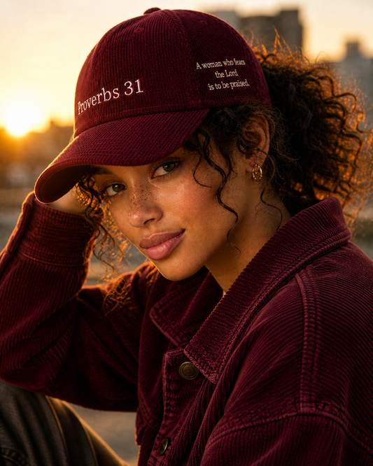Woman wearing burgundy Proverbs 31 corduroy hat and matching jacket at sunset — Thee Resurrection women's Christian streetwear campaign