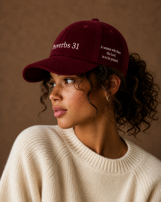 Woman wearing burgundy Proverbs 31 corduroy hat with cream knit sweater — Thee Resurrection women's Christian apparel lookbook