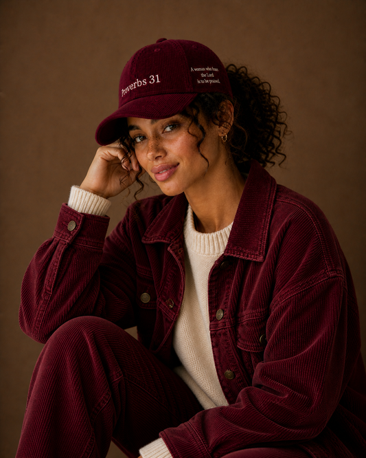 Woman wearing burgundy Proverbs 31 corduroy hat and matching jacket — Thee Resurrection women's Christian streetwear campaign
