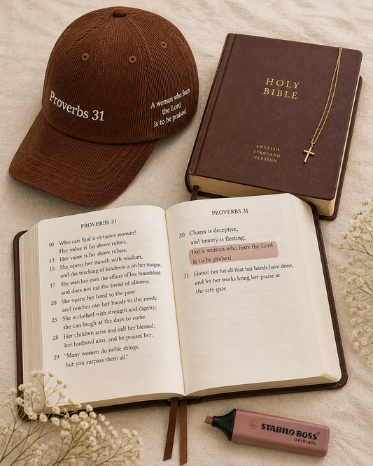 Chestnut brown Proverbs 31 corduroy hat styled with leather Bible, cross necklace, and highlighted scripture — Thee Resurrection women's Christian apparel