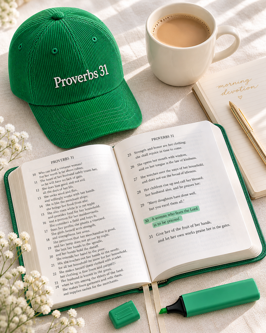 Forest green Proverbs 31 corduroy hat styled with open Bible, coffee, and morning devotion journal — Thee Resurrection women's Christian apparel